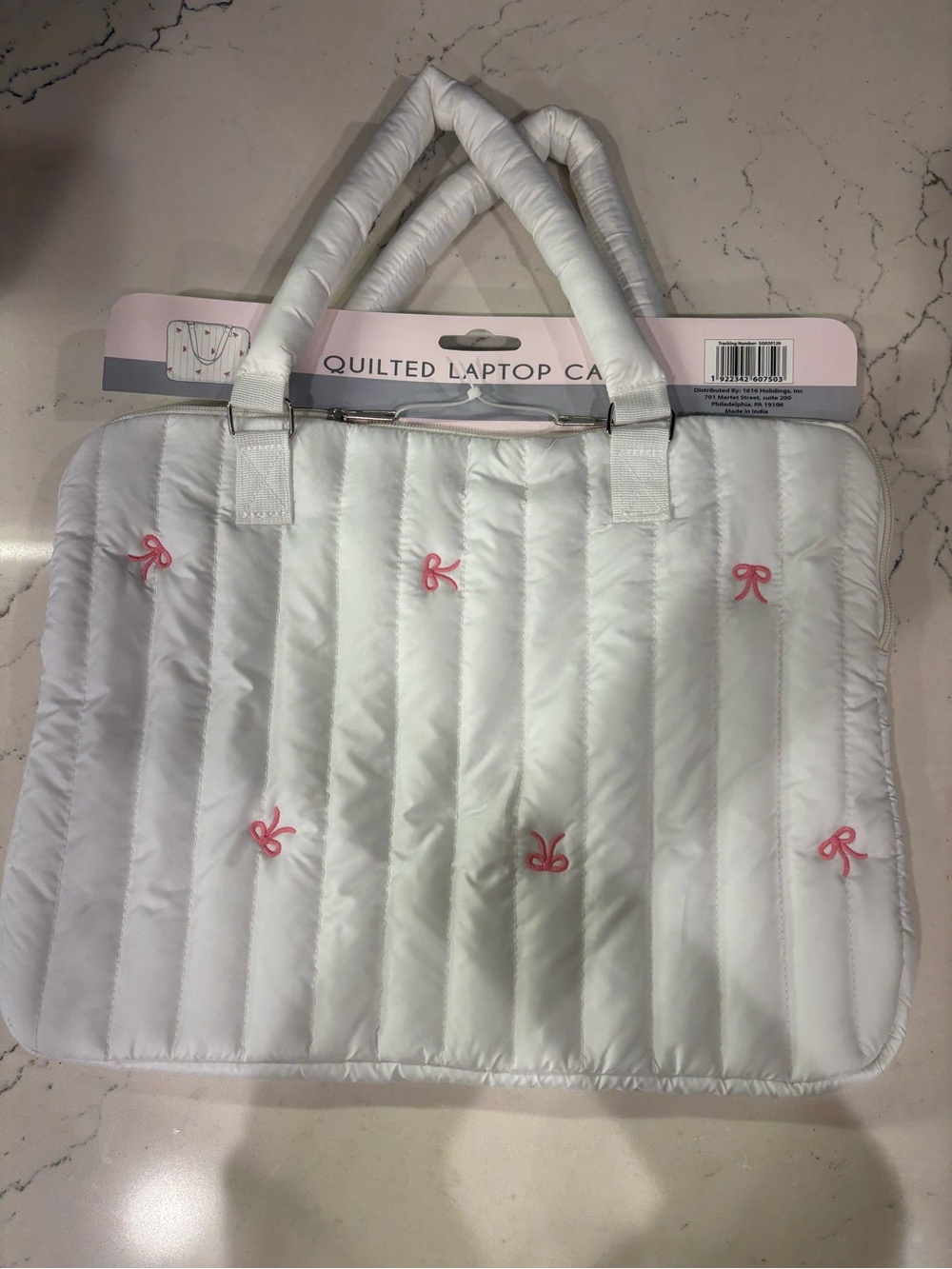 Quilted White Laptop Tote with Pink Bow Embroidery NWT